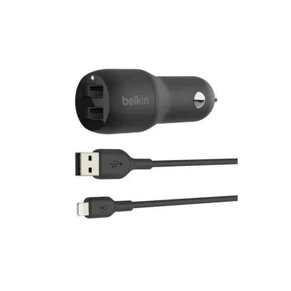 Cargador De Coche Belkin Ccd001bt1mbk Doble Usb-a 24w + Cable Usb A Lightning 1m Negro
