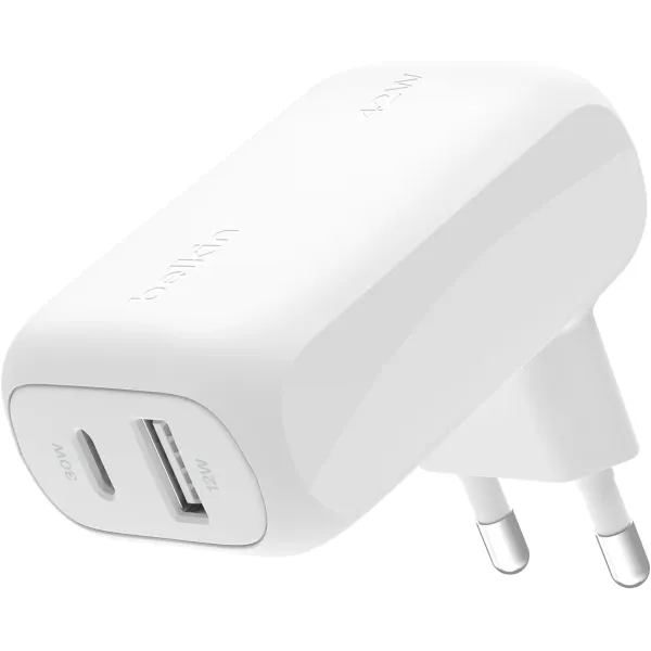 Belkin BoostCharge Cargador de Pared Doble 1x USB-C PD 3.0 30W + 1x USB-A 12W Blanco 