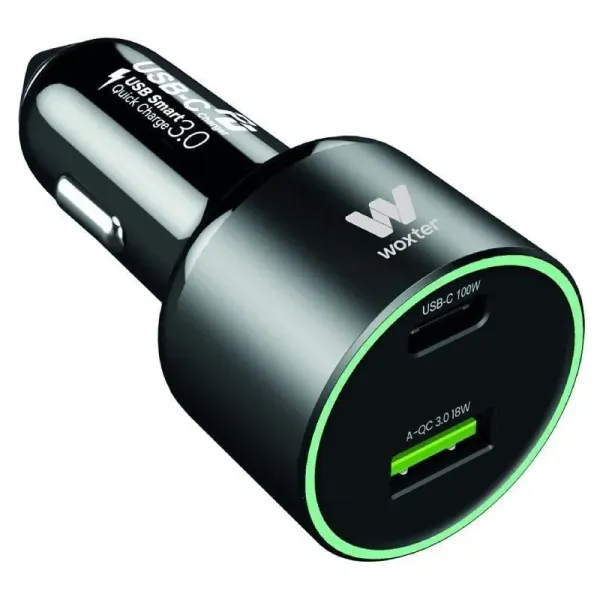 Woxter Cargador Rápido para Coche 2 Puertos USB-C + USB-A 100W 12V/24V Negro 