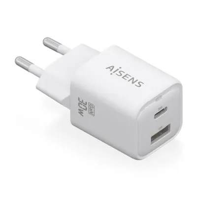 Cargador Gan de Pared Aisens ASCH-30W2P020-W/ 1xUSB Tipo-C/