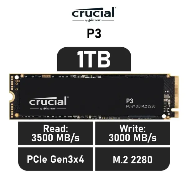 Disco Duro Crucial P3 1TB Disco SSD 3500MB/S NVMe PCIe 3.0 M.2