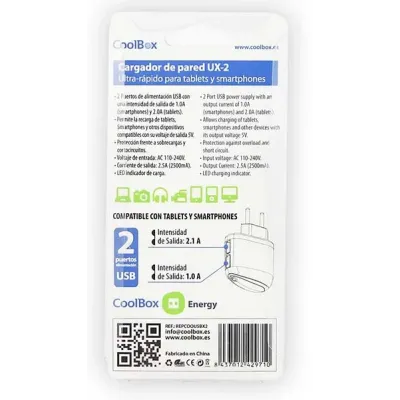 CoolBox UX-2 Cargador Doble USB 5V 1x USB 2.0A + 1x USB 1.0A (