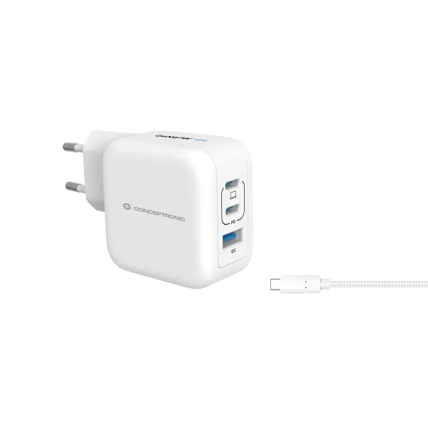 Cargador De Pared Conceptronic Usb-c X2 Usb-ax1 Quickcharge 3.0 Pps 67w Incluye Cable Color Blanco