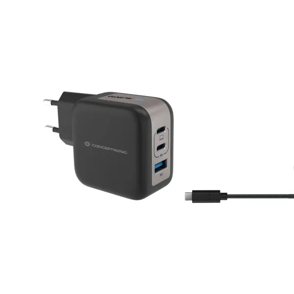 Cargador De Pared Conceptronic Usb-c X2 Usb-ax1 Quickcharge 3.0 Pps 67w Incluye Cable Color Negro