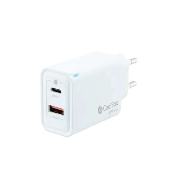 Coolbox Cargador GaN de Pared 1x USB-C + 1x USB-A 45w Blanco 