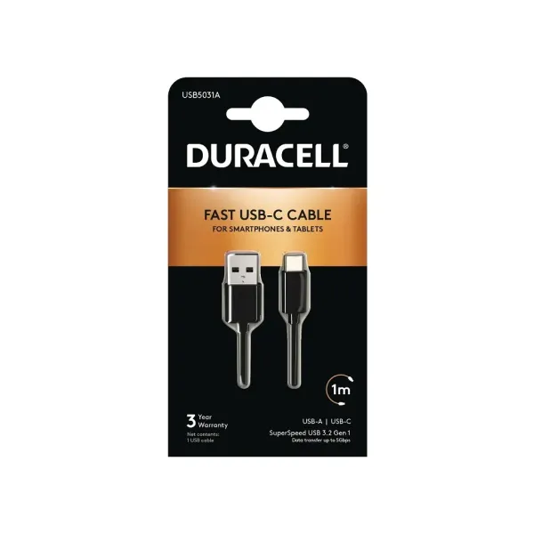 Cable USB 3.0 Tipo-C Duracell USB5031A/ USB Tipo-C Macho - USB Macho/ 1m/ Negro