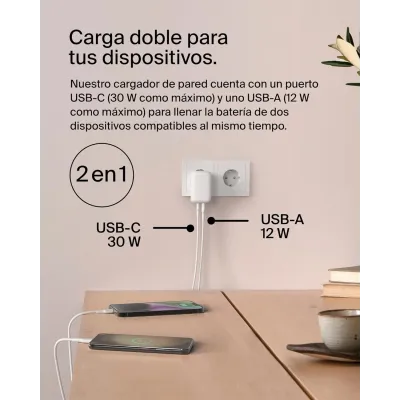 Belkin BoostCharge Cargador de Pared Doble 1x USB-C PD 3.0 30W