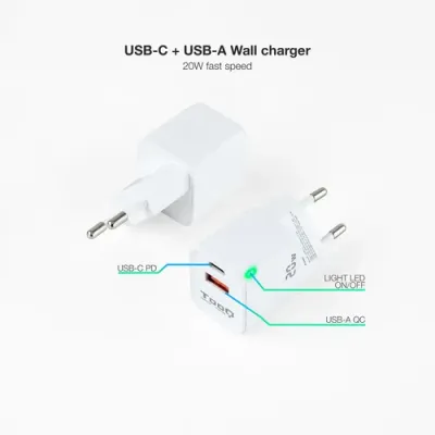 Cargador de Pared TooQ TQWC-QCPD20WT/ 1xUSB-Tipo C/ 1x USB/