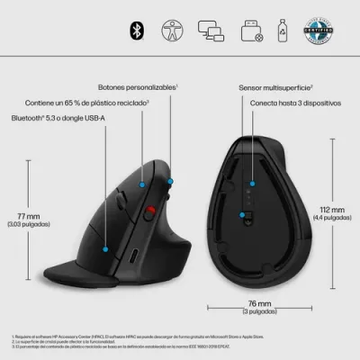 Ratón Ergonómico Inalámbrico por Bluetooth/ 2.4GHz HP 925/ Ratón Ergonómico Inalámbrico por Bluetooth/ 2.4GHz HP 925/