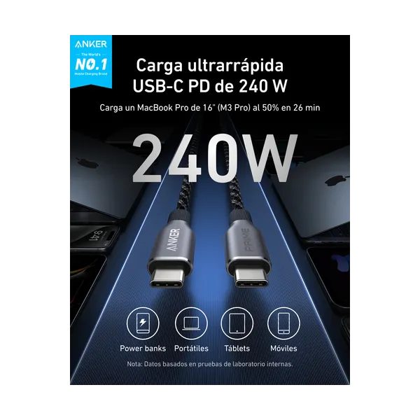Anker Prime Cable USB-C a USB-C Cable Nylon Trenzado 240W 1.8m Gris 