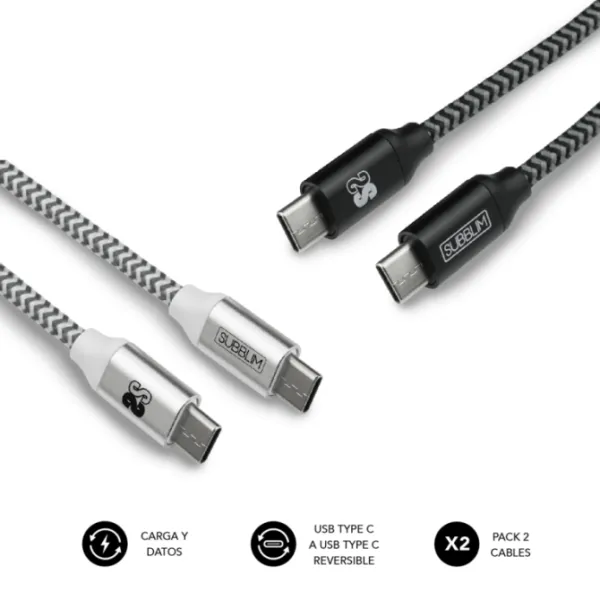 Subblim Pack de 2 Cables USB-C a USB-C Macho/Macho 1m Negro/Plata