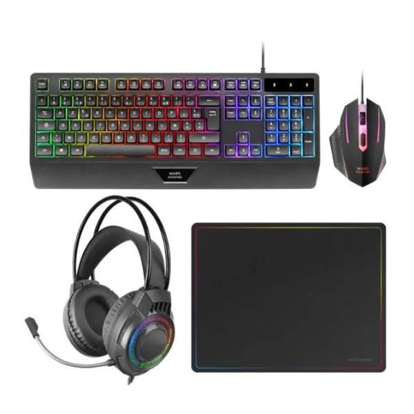 Mars Gaming MCP124PRO Combo RGB 4en1 Teclado H-Mech Ratón Auriculares Alfombrilla Español Negro
