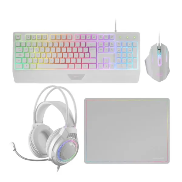 Mars Gaming MCP124PRO Combo RGB 4en1 Teclado H-Mech Ratón Auriculares Alfombrilla Español Blanco