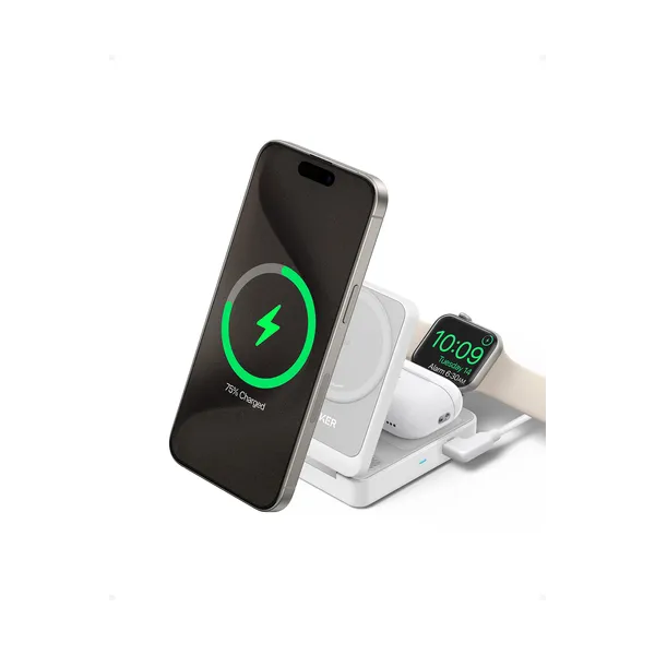 Anker MagGo Cargador Inalámbrico iPhone 3 en 1 Soporte de Carga 15 W Qi2 + Cargador Blanco 