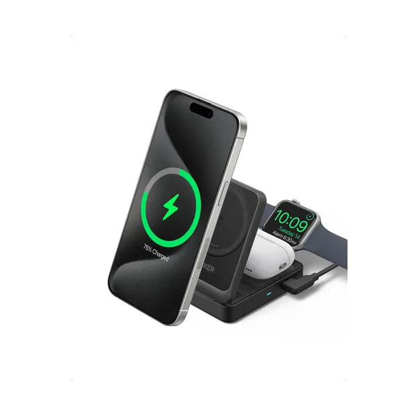 Anker MagGo Cargador Inalámbrico iPhone 3 en 1 Soporte de Carga 15 W Qi2 + Cargador Negro 