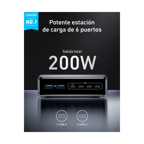 Anker Prime Charger Estación de Carga 6 Puertos USB-C GaN 200W 