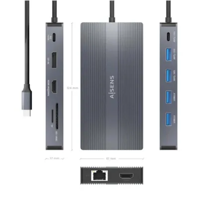 Docking USB Tipo-C Aisens ASUC-12P017-GR/ 2xHDMI/ 4xUSB/ 1xUSB