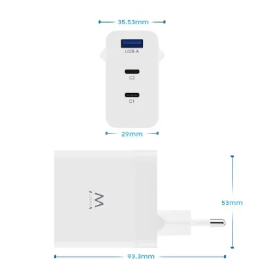 Ewent EW1323 Cargador de Pared USB-C/USB-A Quick Charge 3.0 65W