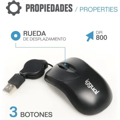 Iggual Ratón retráctil Mini 800 DPI, 3 botones USB, Negro Iggual Ratón retráctil Mini 800 DPI, 3 botones USB, Negro