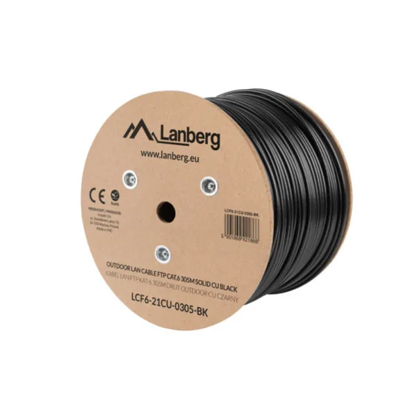 Lanberg Bobina Cable de Red Exterior RJ45 Cat.6 FTP Rígido CU 305m Negro 