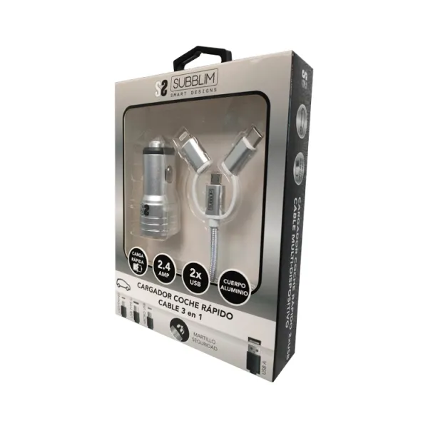Subblim Cargador de Coche 2xUSB + Cable USB 3 en 1 Lightning/MicroUSB/USB-C Plata 