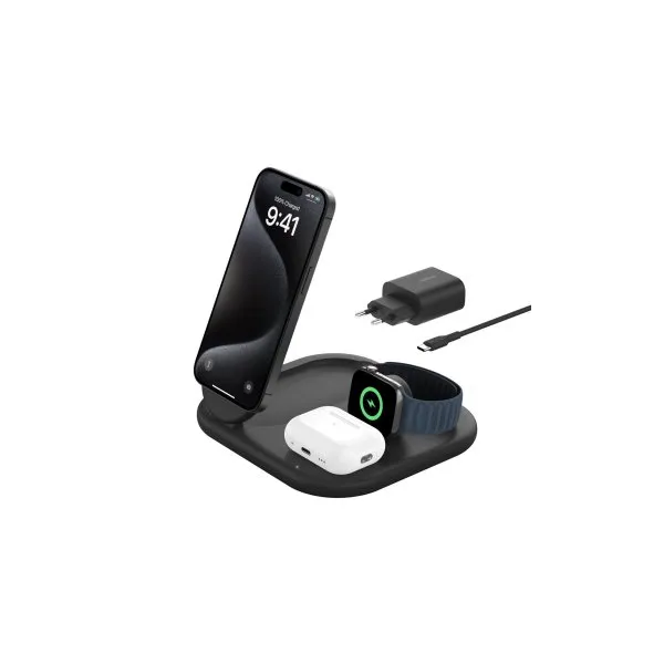 Base De Carga Inalambrica 3 En 1 Belkin Wiz029vfbk Magnetica Con Qi2 De 15w Negro