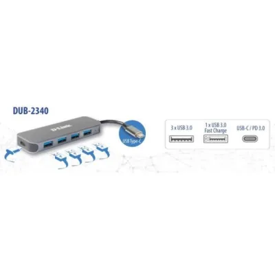 D-Link DUB-2340 Hub USB-C a 4xUSB 3.0 PD Negro D-Link DUB-2340 Hub USB-C a 4xUSB 3.0 PD Negro