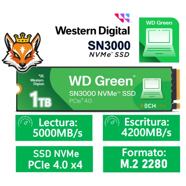 Disco Duro WD Green SN3000 1TB Disco SSD 5000MB/s NVMe PCIe 4.0 M.2 Gen4 QLC 3D NAND