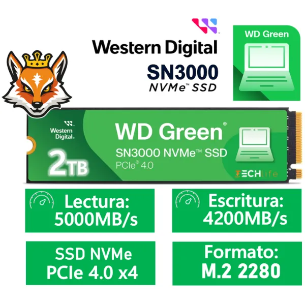 Disco Duro WD Green SN3000 2TB Disco SSD 5000MB/s NVMe PCIe 4.0 M.2 Gen4 QLC 3D NAND