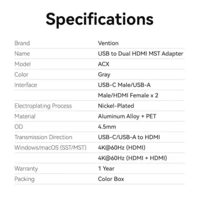 Conversor Vention ACXHB/ USB Tipo-C Macho/ USB Macho - 2x HDMI