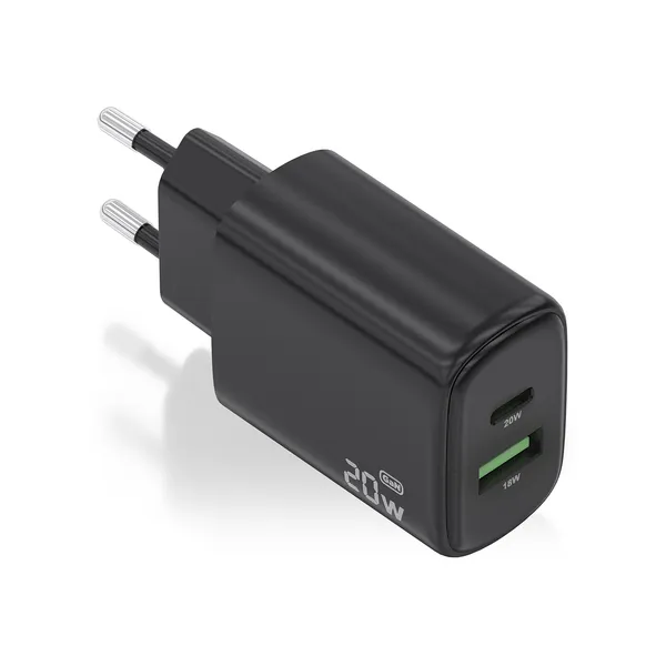 AISENS Cargador GaN 20W, 1xUSB-C PD3.0, 1xUSB-A QC3.0, Negro