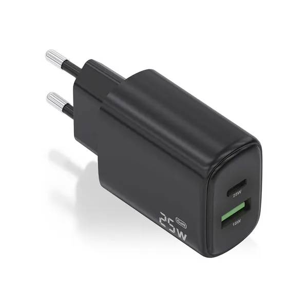 AISENS Cargador GaN 25W, 1xUSB-C PD3.0, 1xUSB-A QC3.0, Negro