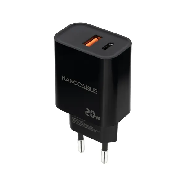 Cargador Pared 1xusb-c Pd 1xusb-a/qc 20w Negro Nanocable