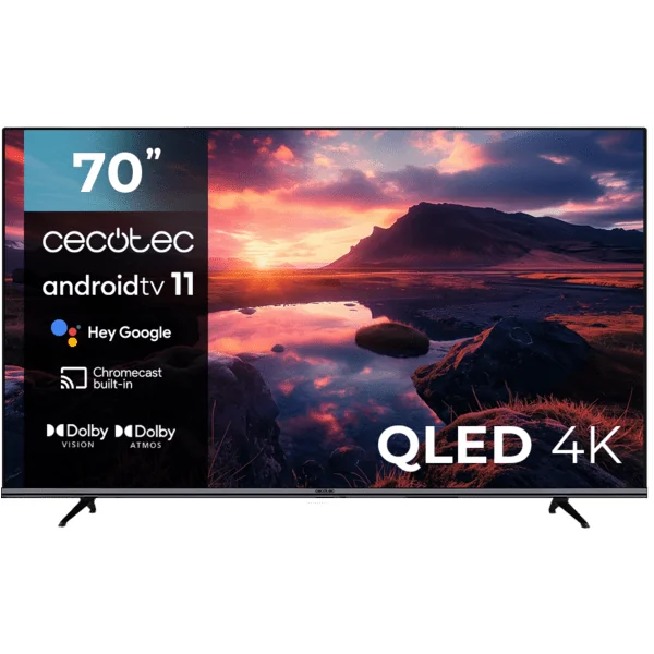 Cecotec TV QLED 70” 4K UHD V1+ Series VQU11070+Android 11, Sin Marco, Dolby Vision y Atmos, HDR10, 2 Altavoces 12W