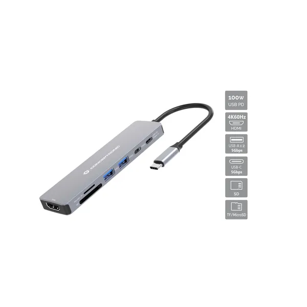 Conceptronic DONN28G base para portátil y replicador de puertos Alámbrico USB 3.2 Gen 1 (3.1 Gen 1) Type-C Gris