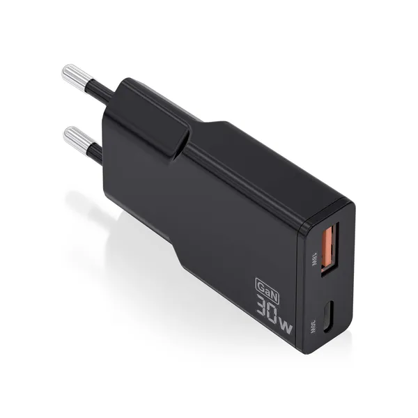 AISENS ASCH-30W2P047-BK Cargador GaN Doble x2 USB-C + USB-A 30W Negro