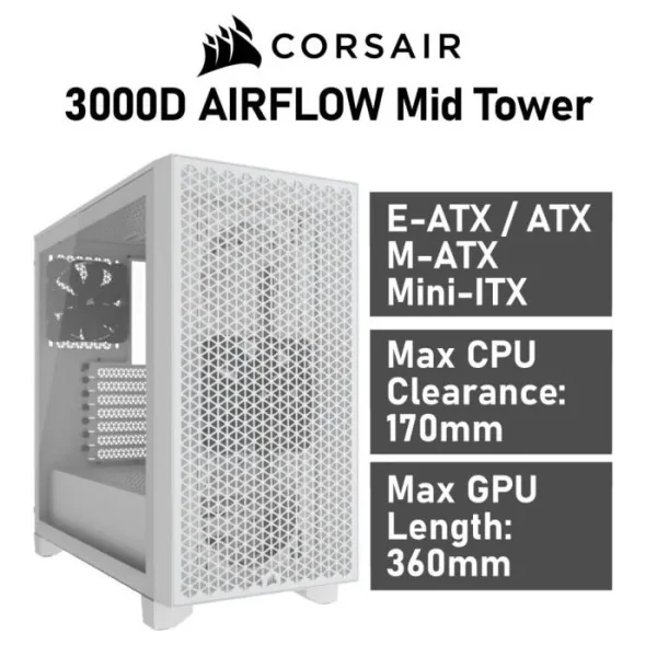 Corsair 3000D AIRFLOW Cristal Templado USB 3.0 Blanca