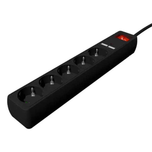 REGLETA CON CARGADOR USB, 5 ENCHUFES, 1.5 M, USB 2A, COLOR NEGRO