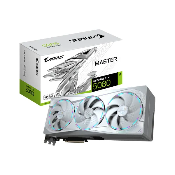 GIGABYTE AORUS GeForce RTX 5080 MASTER ICE 16G Tarjeta Gráfica - 16GB GDDR7, 256 bits, PCI-E 5.0, 2805MHz Core Clock, 3 x DP 2.1