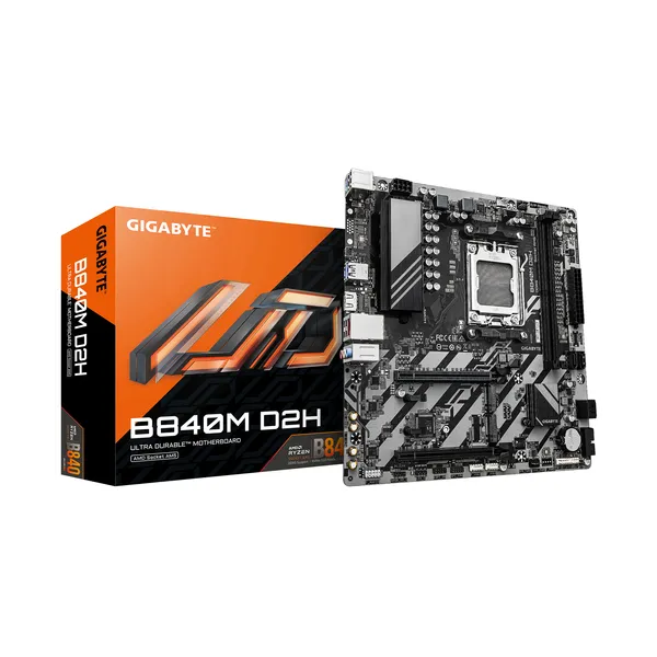 GIGABYTE B840M D2H Placa base - Procesadores AMD Ryzen 9000, VRM de 5+2+2 fases, hasta 7600 MHz DDR5, 1xPCIe 4.0 + 1xPCIe 3.0 M.