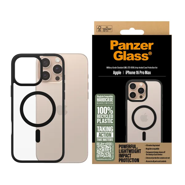 PanzerGlass Funda para iPhone 16 Pro Max transparente y negra con MagSafe y grado Militar