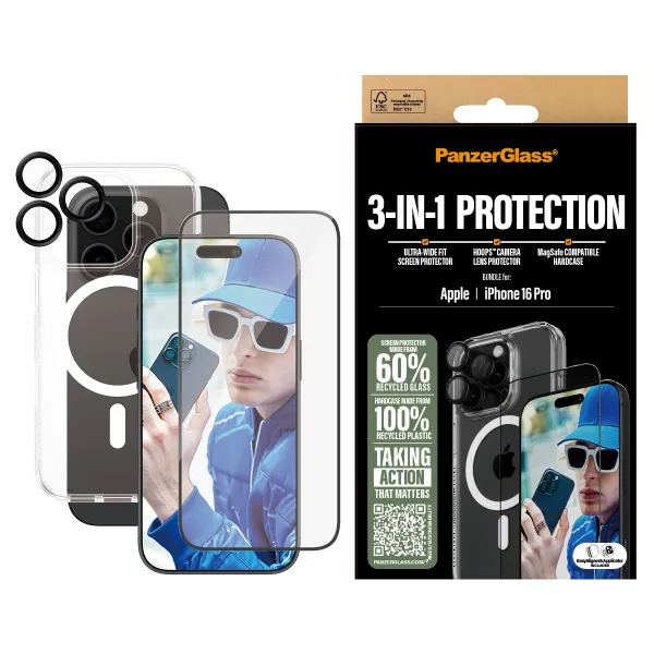 PanzerGlass 3en1 Pack para iPhone 16 Pro Protector de pantalla y camaras+Funda transparente MagSafe