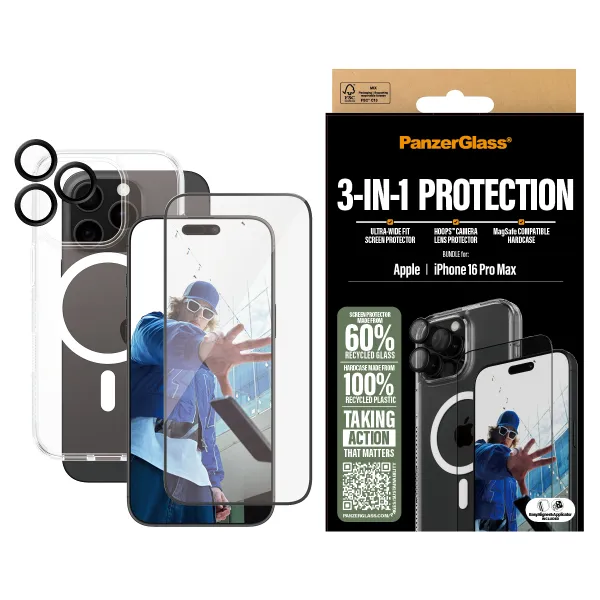 PanzerGlass 3en1 Pack para iPhone 16 Pro Max Protector de pantalla y camaras+Funda transparente MagSafe