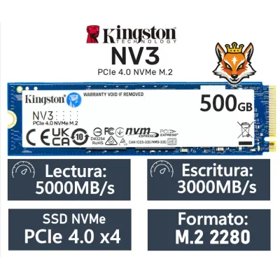 Kingston NV3 500GB Disco SSD 6000MB/s NVMe PCIe 4.0 M.2 Gen4 3D