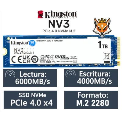 Kingston NV3 1TB Disco SSD 6000MB/s NVMe PCIe 4.0 M.2 Gen4 3D Kingston NV3 1TB Disco SSD 6000MB/s NVMe PCIe 4.0 M.2 Gen4 3D
