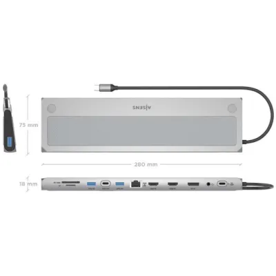 Docking USB Tipo-C Aisens ASUC-12P020-GR/ 2xHDMI/ 3xUSB/ 1xUSB