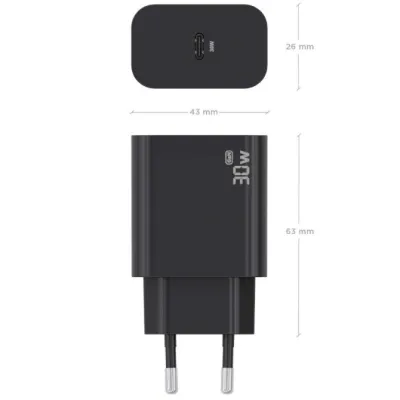 Cargador de Pared GaN Aisens A110-0941/ 1xUSB Tipo-C/ 30W/ Negro