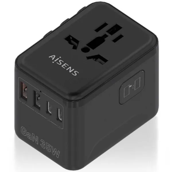 Cargador de Pared Universal GaN Aisens ASPS-2A3C09-BK/ Toma de Corriente Universal/ 3xUSB Tipo-C/ 2xUSB/ 35W