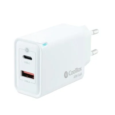 Coolbox Cargador GaN de Pared 1x USB-C + 1x USB-A 45w Blanco