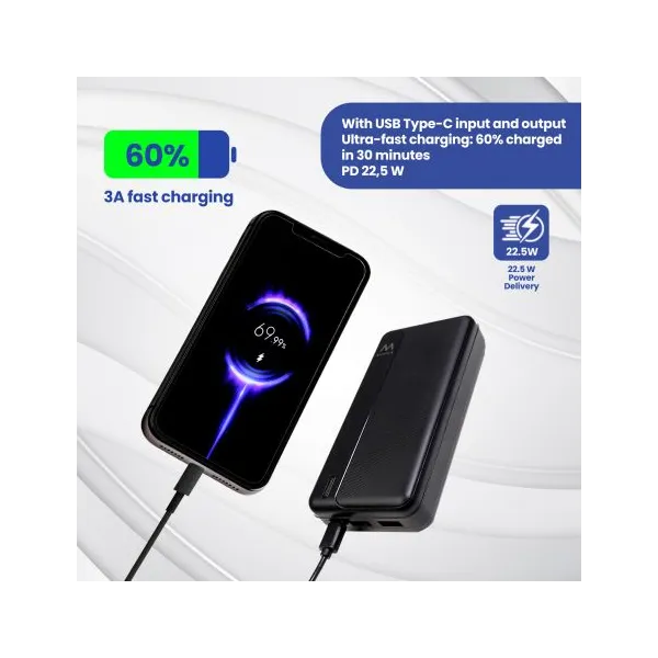 Ewent Power Bank de 22.5W y 20,000 mAh USB-C y USB-A.Permite cargar hasta tres dispositivos